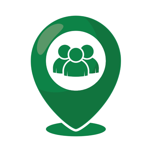 Green location pin icon featuring three stylized people in the center, symbolizing gathering or community places.