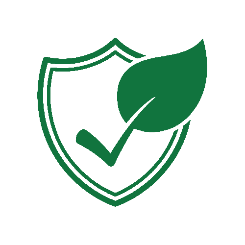 Green shield outline with a checkmark and a leaf symbol, representing eco-friendly security or sustainability.