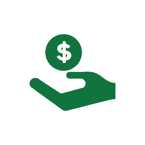 Green icon of a hand holding a dollar sign coin, symbolizing finance, support, or investment.