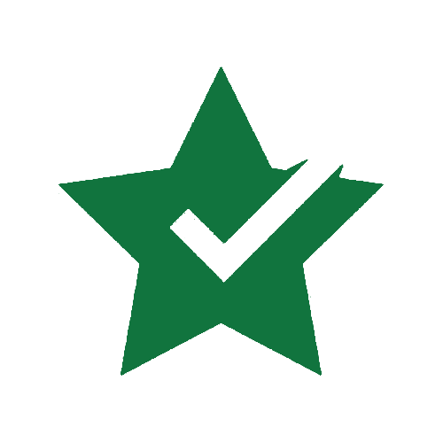 Green star with a checkmark integrated into its design on a black background.