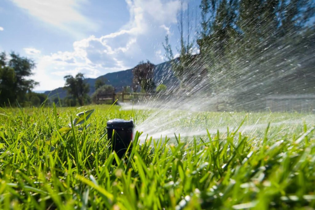 A sprinkler sprays water over lush green grass, with a clear blue sky and distant mountains in the background.