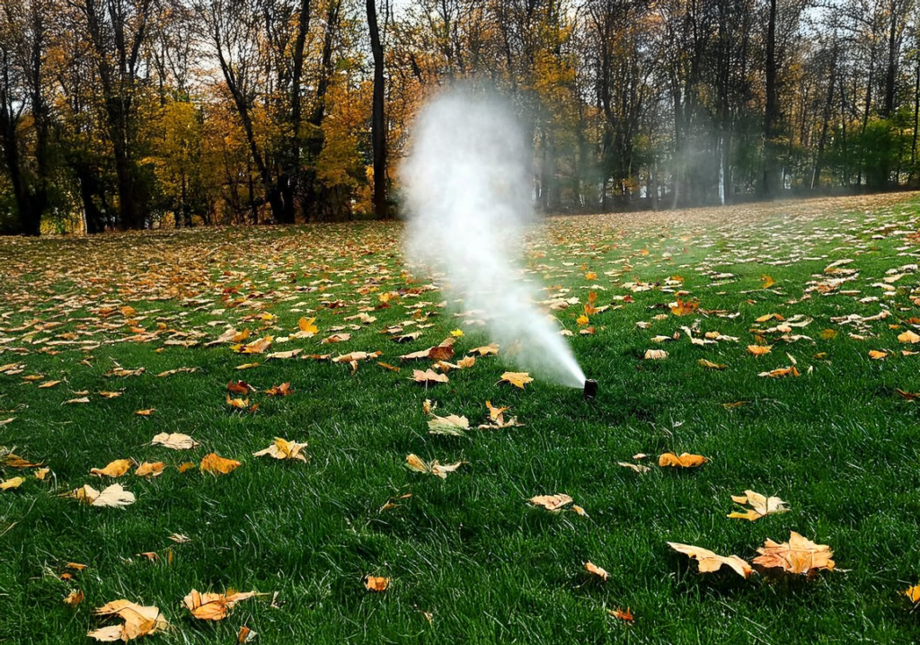 A garden sprinkler emits a fine mist over a grassy area covered in colorful autumn leaves, with trees in the background.